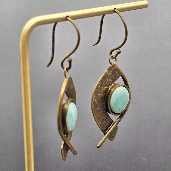 VTG Egyptian Revival Brass & Amazonite Dangle Earrings 2" Shepards Hook - Picture 7 of 8